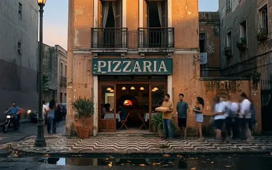 Site de pizzaria em movimento: o salão lotando ao anoitecer